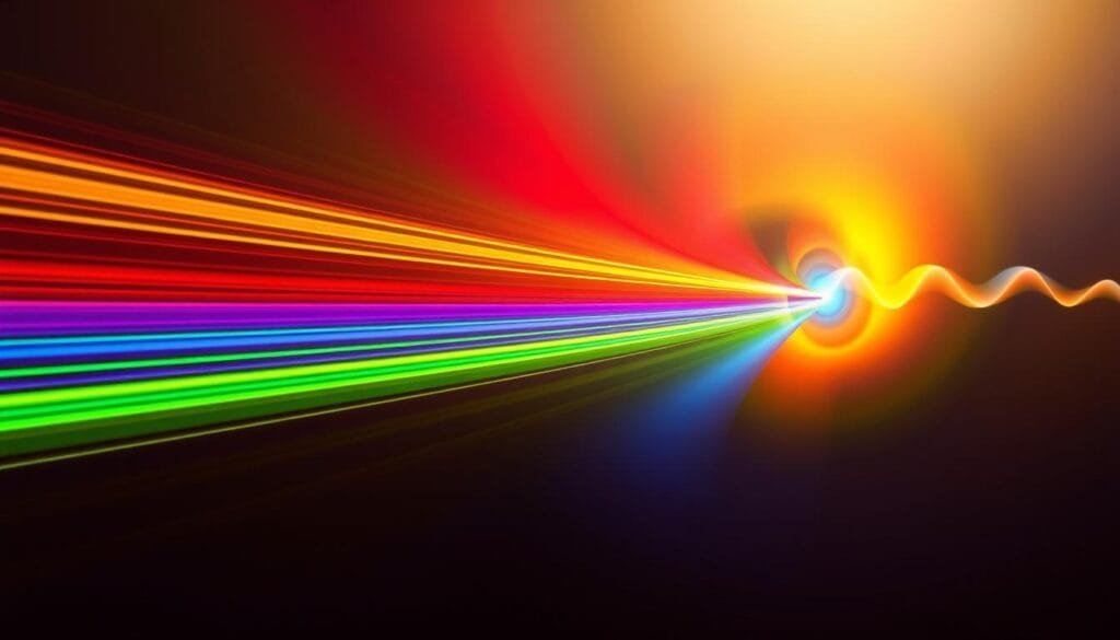 A stunning visual representation of the electromagnetic spectrum, showcasing its intricate and captivating nature. The image should depict a vibrant, high-contrast display of the various wavelengths, from the long, unseen infrared rays to the short, powerful gamma waves. Arrange the spectrum in a dynamic, swirling composition, with each band of color seamlessly blending into the next, creating a mesmerizing and visually striking display. Illuminate the scene with a warm, natural light, casting subtle shadows and highlights that accentuate the depth and three-dimensionality of the elements. Capture the essence of the interplay between light and color, harnessing the power of the electromagnetic spectrum to evoke a sense of wonder and scientific curiosity.
