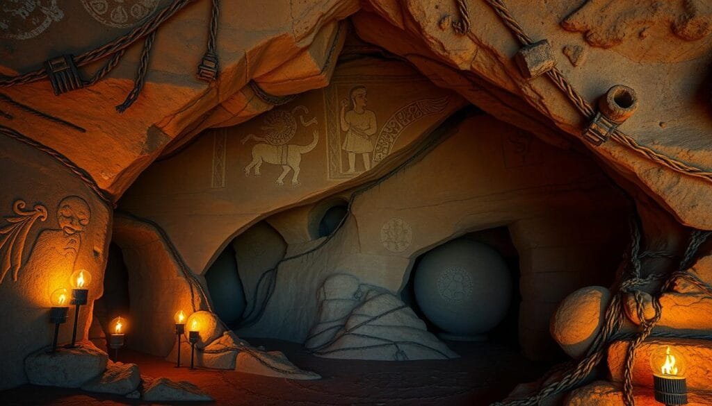 A subterranean cultural impact, a hidden world beneath the surface. Archways and alcoves carved into the earth, adorned with intricate murals and bas-reliefs. Flickering torchlight casts a warm glow, illuminating the intricate patterns and symbols etched into the rock. In the distance, the faint echoes of ancient rituals and ceremonies, the whispers of a civilization thriving in the depths. Shadows dance across the undulating walls, hinting at the mysteries and secrets concealed underground. A sense of reverence and awe pervades the scene, as if one has stumbled upon a sacred, timeless realm.