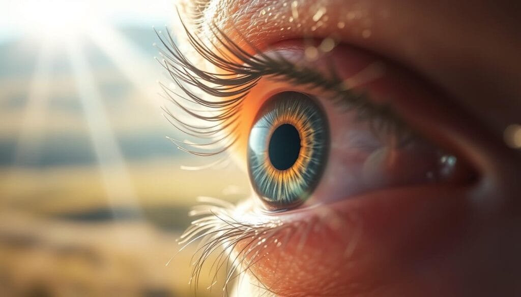 A sunlit eye, its iris radiating with vibrant hues, gazes calmly. Beams of soft, diffused light caress the eye's delicate surface, revealing the intricate patterns of the sclera and cornea. In the background, a serene, out-of-focus landscape conveys a sense of tranquility. The composition emphasizes the eye's natural beauty, challenging the notion that light is inherently harmful to ocular health. Subtle shadows and highlights accentuate the eye's depth and dimensionality, captured through a high-resolution, macro-style lens. The overall mood is one of contemplation and wonder, inviting the viewer to reconsider preconceived beliefs about the relationship between light and the eyes.