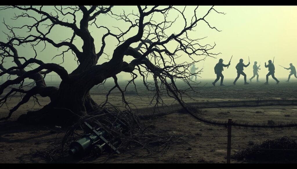 A surreal Korean conflict tree, its branches twisted and gnarled, casting ominous shadows across a bleak, desaturated landscape. In the foreground, a tangled mess of barbed wire and shattered military equipment lies abandoned, a testament to the absurdity of the confrontation. The middle ground is shrouded in a hazy atmosphere, hinting at the chaos and uncertainty that permeated the incident. In the distance, the silhouettes of soldiers engage in a bizarre, almost comical dance, their movements exaggerated and disjointed. Dramatic lighting accentuates the drama, creating a sense of unease and the unexpected.