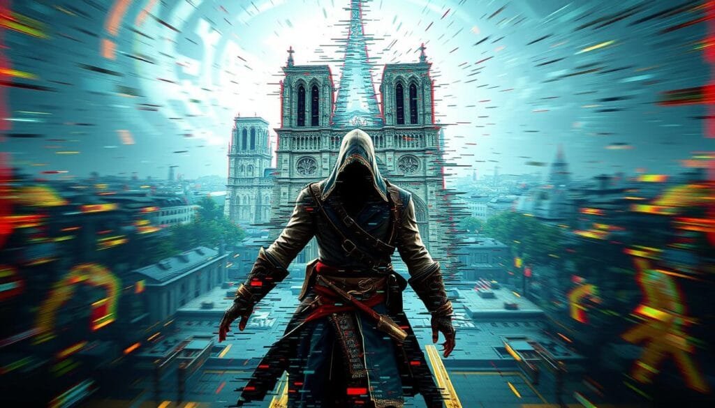 A surreal and glitched-out scene depicting the iconic Assassin's Creed Unity gameplay. The foreground features a distorted and fragmented Arno Dorian, the game's protagonist, his body warped and twisted in unnatural ways. The middle ground showcases the iconic Parisian landmarks of the game, such as the Notre-Dame Cathedral, rendered in a chaotic, pixelated mess of colors and shapes. The background is a swirling vortex of digital noise and static, creating a sense of unease and disorientation. The lighting is harsh and unnatural, with sharp contrasts and an eerie, otherworldly glow. The overall atmosphere conveys the frustration and hilarity associated with the game's infamously buggy launch, capturing the essence of "Glitches that Redefined Sagas: The Case of Assassin's Creed Unity".