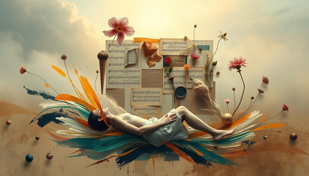 A surreal, dreamlike composition depicting the interconnections between life and art. In the foreground, a softly-lit human figure reclines amidst a swirl of colorful brushstrokes and abstract shapes, symbolizing the creative muse. The middle ground features a collage of ephemera - journal pages, musical notes, pressed flowers - hinting at the intricate tapestry of an artist's existence. The background is obscured in a hazy, atmospheric glow, suggesting the mystic, unknowable nature of the creative process. Elegant lines, a harmonious color palette, and a sense of tranquil contemplation evoke the profound unity of lived experience and artistic expression.