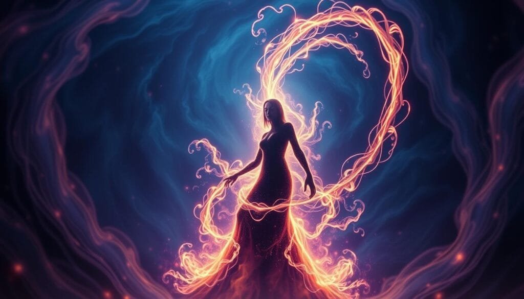 A surreal, enigmatic figure emerges from a swirling vortex of cosmic energy, their silhouette casting a hypnotic spell. Shimmering tendrils of light twist and coil, enveloping the enigmatic form in an otherworldly aura. The background is a mesmerizing blend of deep blues and purples, hinting at the mysteries of the Bermuda Triangle. The lighting is dramatic, creating a stark contrast between light and shadow that heightens the sense of the uncanny. The overall effect is one of mystique and intrigue, capturing the essence of the "pop cultura enigma" at the heart of this phenomenon.