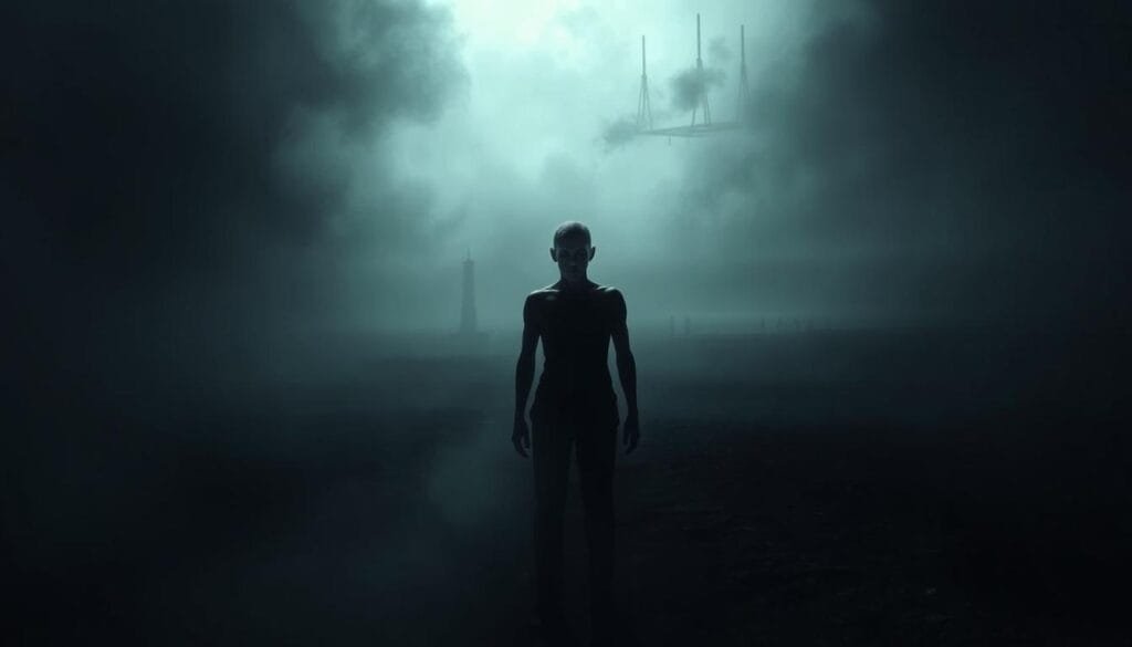 A surreal, foreboding landscape depicting the torment of "Cotard's Syndrome". In the dim, shadowy foreground, a lone figure stands, their face gaunt and sunken, eyes vacant and lifeless. Mist swirls around them, creating an atmosphere of isolation and hopelessness. The middle ground is shrouded in a hazy, oppressive gloom, as if the weight of the delusion is pressing in from all sides. In the distance, a bleak, monochromatic horizon stretches out, devoid of any signs of life or hope. The lighting is somber and dramatic, casting long, ominous shadows that only heighten the sense of despair. The overall tone is one of profound melancholy and the unsettling reality of this rare and debilitating psychological syndrome.