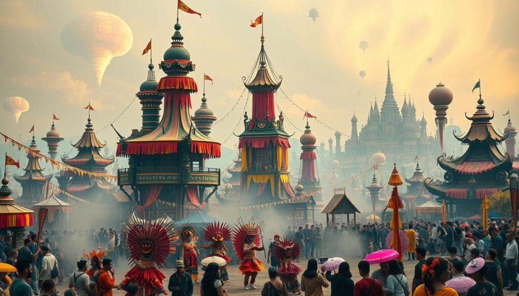 A surreal global festival landscape, showcasing an eclectic mix of unusual cultural celebrations. In the foreground, performers in vibrant, fantastical costumes engage in ritualistic dances amidst a crowd of spectators. The middle ground features towering, whimsical structures adorned with vibrant banners and streamers, reflecting the diversity of traditions. In the background, a dreamlike skyline with floating islands, ethereal auroras, and fantastical architecture highlights the universal, otherworldly nature of these unique festivities. Warm, muted lighting casts a nostalgic, cinematic atmosphere, emphasizing the timeless, mystical quality of these global, one-of-a-kind cultural celebrations.