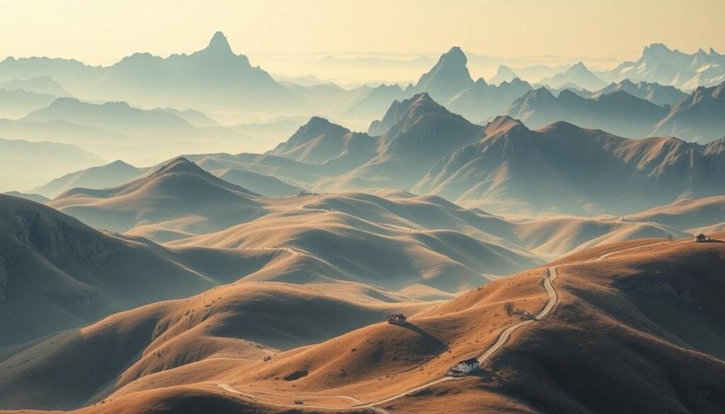 A surreal landscape of absurd geographical borders, where nations collide in a whimsical tangle of incongruous lines. Stark mountain peaks pierce the horizon, their jagged silhouettes juxtaposed against the gentle curves of rolling hills. Amidst this otherworldly terrain, winding roads lead to remote villages, their homes straddling the invisible demarcations that divide the land. Soft, diffused lighting casts a dreamlike glow, heightening the sense of the bizarre and the unexpected. The scene invites the viewer to ponder the arbitrary nature of geopolitical boundaries and the stories hidden within these "absurd frontiers" that dot the globe.