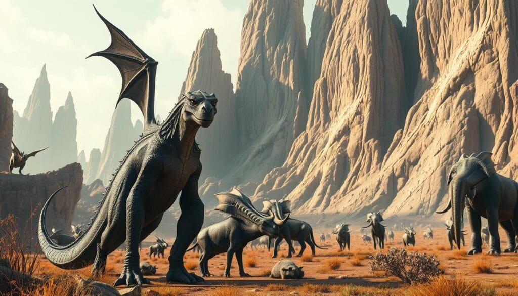 A surreal landscape where mythological creatures and ancient fossils coexist. In the foreground, a towering, winged beast with scaled skin and piercing eyes stands majestically, its presence commanding attention. In the middle ground, a herd of lumbering, long-necked creatures resembling sauropod dinosaurs graze peacefully, their weathered forms suggesting a timeless connection to the Earth. The background is dominated by towering, jagged rock formations, their surfaces etched with the impressions of long-extinct marine organisms. The scene is bathed in a warm, golden light, creating an atmosphere of wonder and timelessness, as if the viewer has been transported to a bygone era where the boundaries between myth and reality blur.
