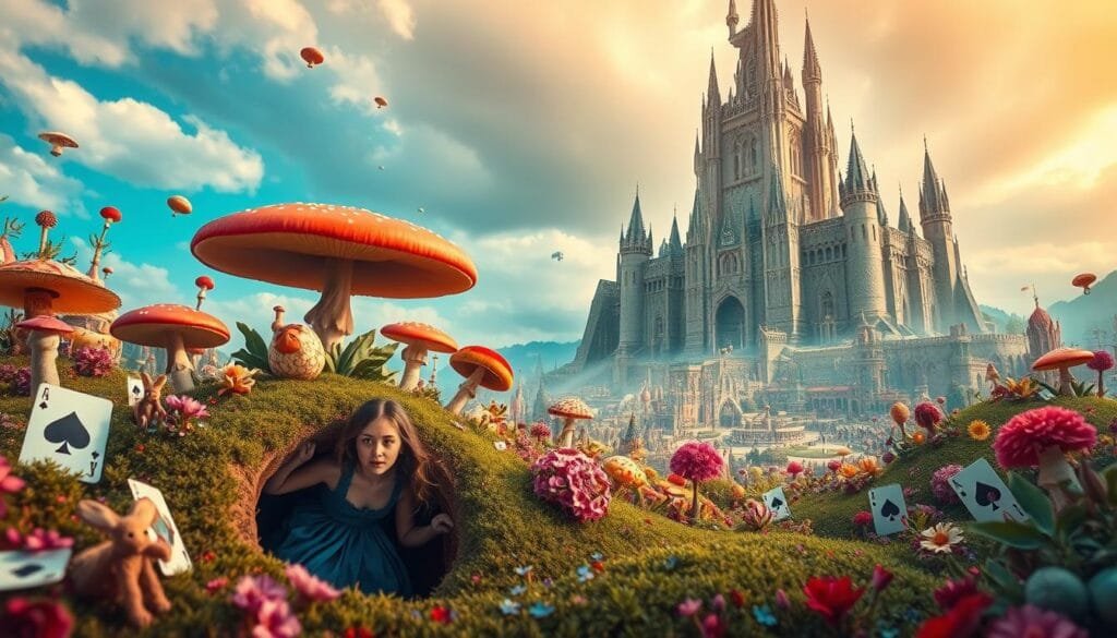 A surreal landscape where reality and fantasy collide, a whimsical wonderland where the laws of physics bend to the will of the imagination. In the foreground, a young woman in a blue dress tumbles down a rabbit hole, her expression one of bewilderment and awe. Towering mushrooms, giant playing cards, and fantastical flora surround her, creating a sense of scale and disorientation. The middle ground is a kaleidoscopic array of vibrant colors, distorted perspectives, and impossible geometries. In the background, a towering, impossible castle looms, its spires and turrets reaching for the sky. The lighting is soft and dreamlike, casting a warm, hazy glow over the entire scene. Lush, saturated tones and a sense of whimsy and wonder permeate the image, capturing the essence of the "Alice in Wonderland" syndrome.