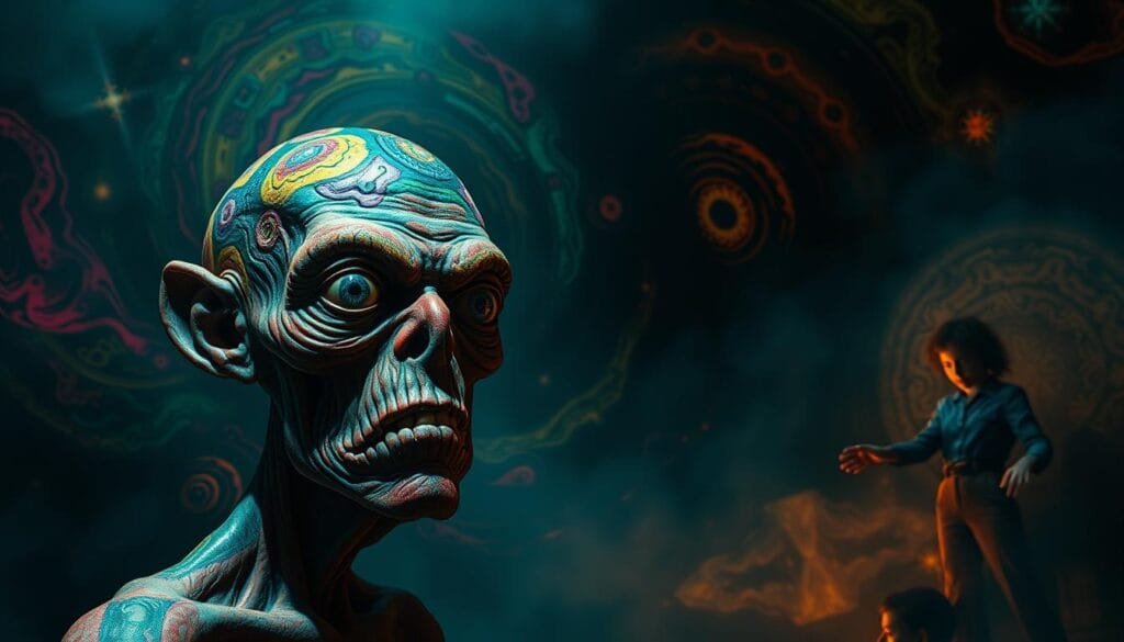 A surreal psychedelic dreamscape depicting the psychology of the bizarre. In the foreground, a distorted humanoid figure with kaleidoscopic features, its expression conveying an unsettling mix of curiosity and unease. The middle ground is a swirling vortex of vibrant, abstract shapes and textures, hinting at the complexities of the subconscious mind. The background is shrouded in an ethereal, glowing mist, suggesting the mysterious and unknowable nature of the bizarre. The lighting is moody and atmospheric, with dramatic chiaroscuro effects illuminating the scene. The overall mood is one of intrigue, wonder, and a touch of disquiet, inviting the viewer to delve deeper into the psychology of the strange and unconventional.