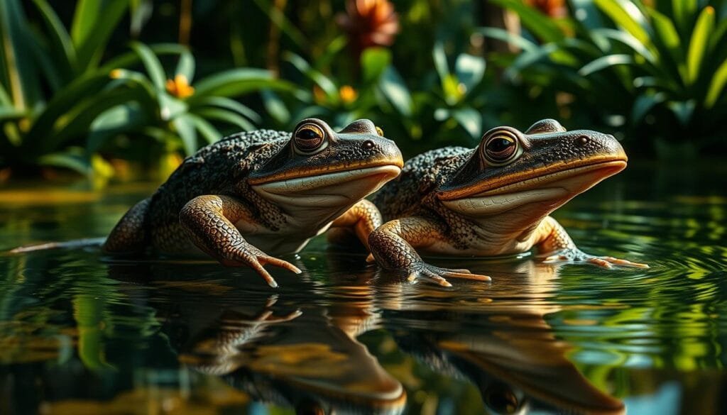 A surreal scene of a Mexican axolote swimming alongside a toad with a beak-like snout, in a lush, verdant environment. The amphibious creatures move gracefully through shallow waters, their unique physiologies highlighted by dramatic lighting that casts long, dramatic shadows. The background features exotic flora, evoking a sense of a secluded, primordial habitat. The composition emphasizes the striking contrast and unexpected combination of these two peculiar animals, creating an image that captivates the viewer's imagination and reflects the marvels of Earth's diverse and bizarre lifeforms.