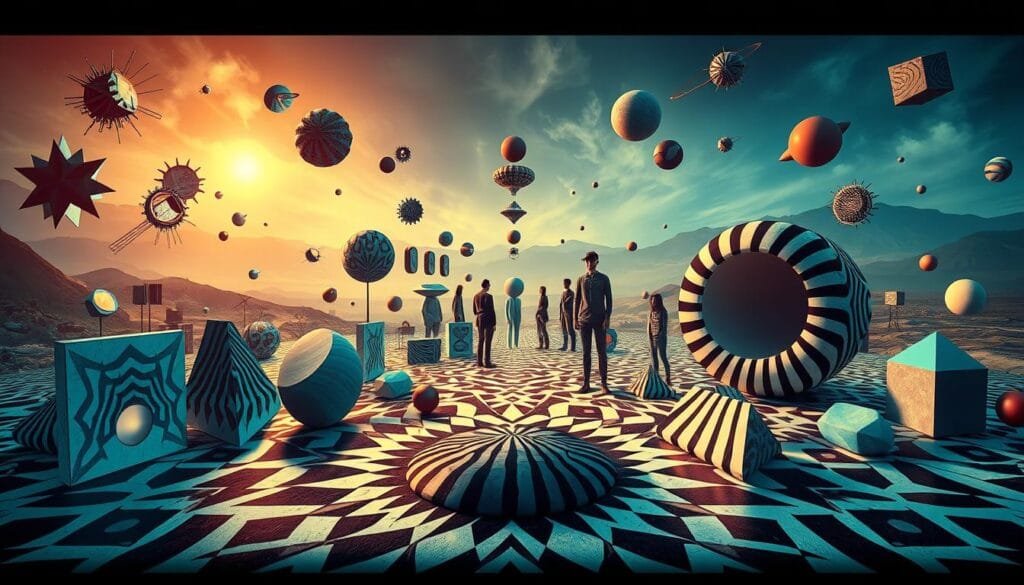 A surreal, visually striking composition depicting an array of optical illusions and distorted visual phenomena. The foreground features a kaleidoscopic array of shapes, patterns, and geometric forms that appear to shift, bend, and transform before the viewer's eyes. In the middle ground, a series of illusory objects and figures seem to defy the laws of physics, creating a sense of disorientation and perceptual ambiguity. The background is a dreamlike, abstracted landscape with a soft, hazy quality, further enhancing the mystical and enigmatic atmosphere. The lighting is dramatic, with a subtle interplay of shadows and highlights that accentuate the depth and dimensionality of the scene. The overall effect is one of captivating visual intrigue, inviting the viewer to explore the curious and adaptive nature of the human visual system.