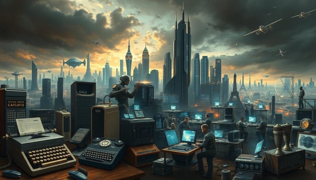 A sweeping panorama of technological evolution across the ages, captured in a meticulously detailed painting. In the foreground, a collection of iconic inventions from bygone eras - an old-fashioned typewriter, a rotary telephone, a large mainframe computer - arranged in a harmonious composition. The middle ground depicts a bustling scene of innovation, with engineers and scientists tinkering with futuristic gadgets and machines, their faces illuminated by the soft glow of holographic displays. In the background, a vast expanse of towering skyscrapers, hovering vehicles, and sleek, advanced technology, all set against a moody, atmospheric sky with dramatic lighting and subtle textures.