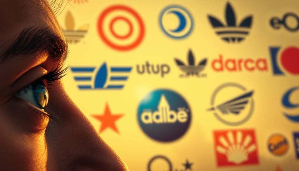 A thoughtful consumer's perspective on renowned brand logos, captured in a vivid, photorealistic illustration. In the foreground, a human eye observes various iconic logos, their subtle hidden messages subtly revealed. The middle ground showcases the logos themselves, each imbued with a sense of depth and texture. The background subtly reflects the consumer's subconscious, hinting at the powerful psychological impact of branding. Warm, muted lighting casts a contemplative mood, inviting the viewer to ponder the intricate relationship between visual design and consumer perception.