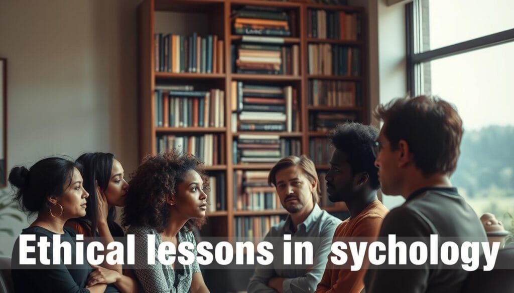 A thoughtful, serene scene of ethical lessons in psychology. In the foreground, a group of diverse people engaged in deep discussion, their expressions pensive yet hopeful. The middle ground features a towering bookshelf, its shelves lined with volumes on the human mind and behavior. Soft, warm lighting bathes the scene, creating an atmosphere of contemplation and introspection. In the background, a window offers a glimpse of a tranquil, natural landscape, symbolizing the connection between the inner world of the psyche and the outer world of the environment. The overall composition conveys a sense of wisdom, insight, and the pursuit of ethical understanding in the field of psychology.