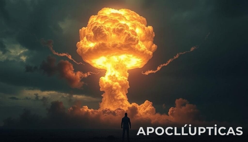 A towering mushroom cloud dominates the frame, its ominous silhouette casting an eerie glow against a darkened sky. Wisps of smoke and debris swirl around the detonation, conveying the raw power and destruction of a nuclear explosion. In the foreground, a lone figure stands in stunned silence, their expression a mix of awe and dread as they witness this apocalyptic vision come to life. The image exudes a sense of foreboding, hinting at the devastating consequences of such a catastrophic event, alluding to the "Visiones Apocalípticas" described in the article.