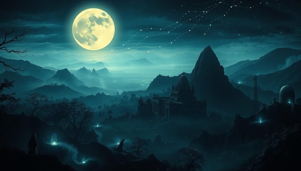 A tranquil, moonlit scene depicting global paranormal experiences. In the foreground, ghostly figures emerge from shadowy portals, their luminous forms casting an eerie glow. In the middle ground, ancient ruins and abandoned structures stand silently, hinting at unseen forces. The background is a panoramic vista of diverse landscapes - towering mountains, dense jungles, and vast oceans - all connected by shimmering ley lines of energy. The lighting is moody and atmospheric, with dramatic chiaroscuro effects. The camera angle is slightly elevated, lending a sense of scale and grandeur to the supernatural phenomena unfolding below.