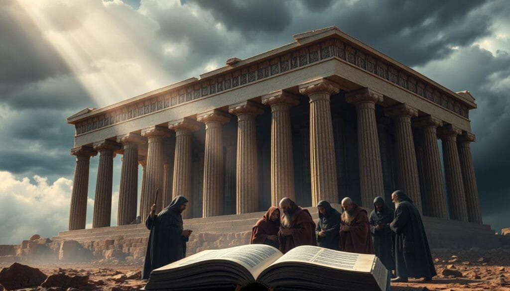 A vast, ancient temple rises against a stormy sky, its towering columns and intricate carvings casting dramatic shadows. In the foreground, a group of robed figures gathers around a massive, tome-like tome, their expressions intense as they pore over the pages. The air is charged with a sense of mysticism and foreboding, as if the very walls of the temple hold the secrets of long-forgotten empires and divine prophecies. The lighting is dramatic, with shafts of light breaking through the clouds and illuminating the scene in a moody, chiaroscuro style. The overall composition conveys a sense of the weight and power of the biblical prophecies that have shaped the course of history.