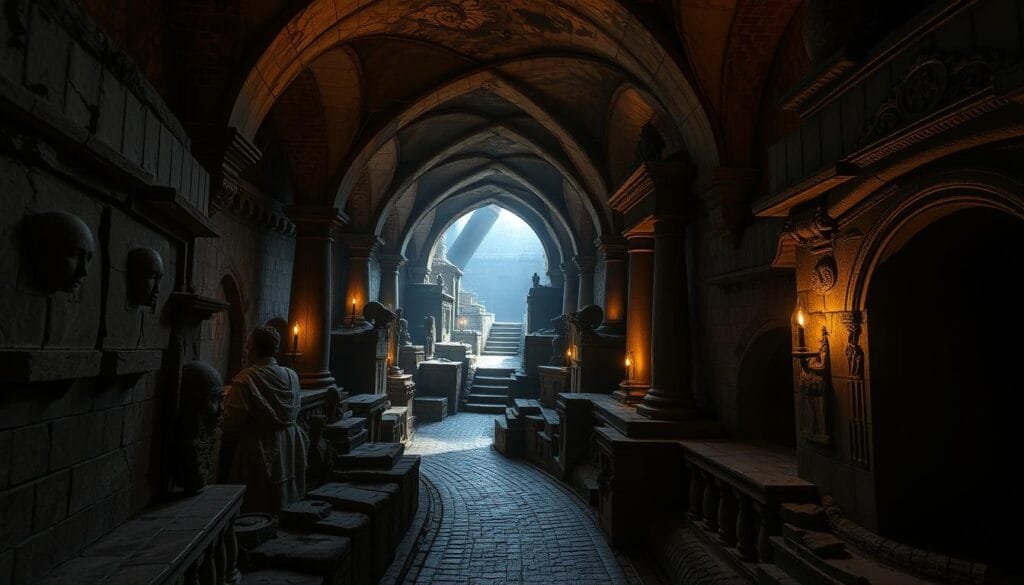 A vast, cavernous underground city nestled deep beneath the European landscape. Ornate stone arches and columns frame the scene, casting dramatic shadows that dance across the ancient walls. Soft ambient lighting filters through crack-laced ceilings, illuminating a network of interconnected chambers and passageways. Weathered brick and cobblestone pathways wind through the shadowy depths, hinting at a thriving subterranean civilization. Intricate stone carvings and reliefs adorn the structures, remnants of a forgotten culture. The air is thick with a sense of history and mystery, inviting the viewer to explore these hidden realms beneath the surface.