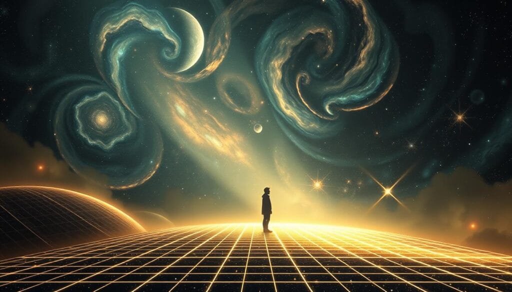 A vast, cosmic expanse of swirling galaxies and celestial bodies, illuminated by a soft, ambient glow. In the foreground, a representation of the space-time continuum, depicted as a shimmering, undulating grid that warps and distorts to suggest the curvature of space-time. The middle ground features a lone figure, deep in contemplation, seemingly lost in the vastness of the universe. Subtle rays of light pierce through the ethereal scene, casting an air of mystery and profound wonder. The overall atmosphere is one of awe-inspiring grandeur, hinting at the profound complexities of the physical universe and the tantalizing possibilities of time travel.