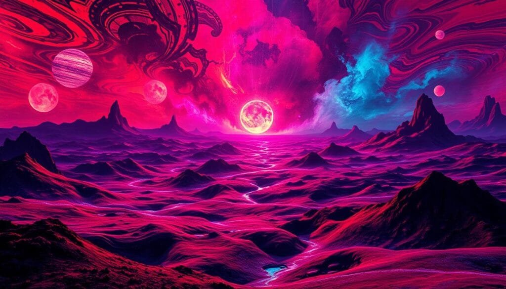 A vast, enigmatic landscape ablaze with mystical energy. An unseen presence exudes an otherworldly aura, casting intricate shadow patterns that dance across the surreal terrain. Vibrant hues of crimson, violet, and indigo swirl and collide, creating a mesmerizing tapestry of visual delirium. Amidst this kaleidoscopic dreamscape, abstract forms coalesce, hinting at the subconscious impulses that drive our fascination with the bizarre and inexplicable. The scene is bathed in a haunting, chiaroscuro lighting that lends an air of mystery and foreboding, inviting the viewer to delve deeper into the mysteries of the psyche. Soft focus and a cinematic lens treatment imbue the image with a sense of cinematic grandeur, capturing the profound visual poetry of the mystical delirium.