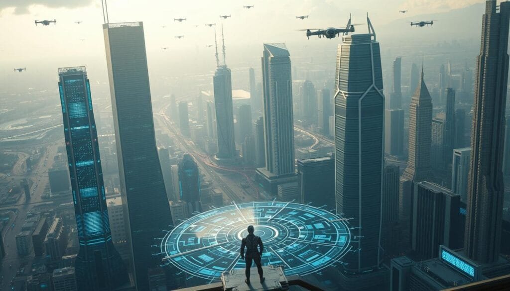 A vast expanse of futuristic cityscape, towering skyscrapers of gleaming metal and glass, their sleek facades reflecting the glow of holographic displays. In the foreground, a lone figure, a cyborg scientist, stands amidst a swirl of holographic interfaces, their nimble fingers manipulating intricate digital schematics. Soft, ambient lighting bathes the scene, casting long shadows and imbuing it with a sense of wonder and technological awe. The background is a panoramic vista of a bustling metropolis, where flying vehicles and drone swarms criss-cross the sky, hinting at the boundless possibilities of a tomorrow shaped by the imagination of science fiction and the innovations of the present.