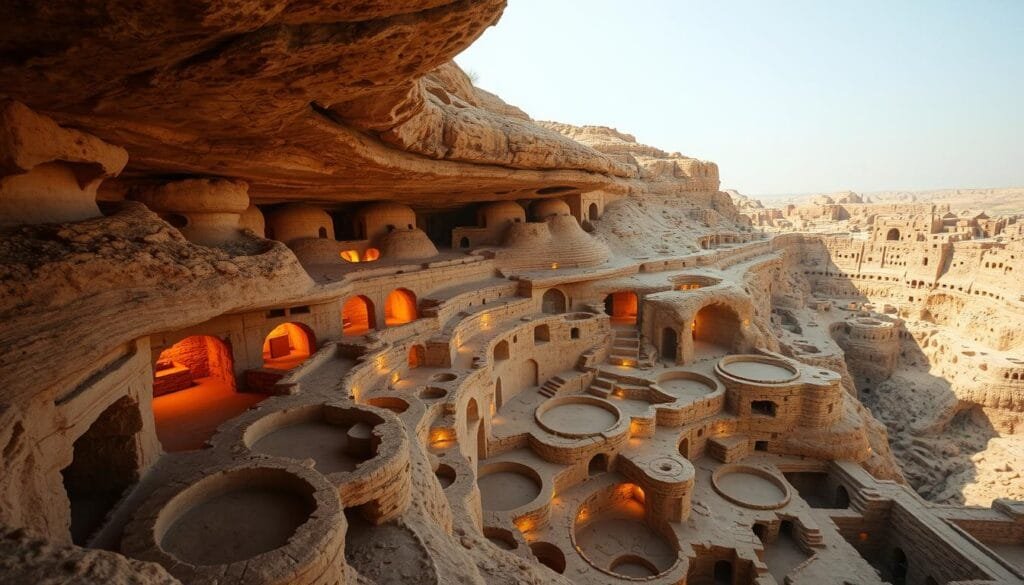 A vast, intricate network of subterranean cave dwellings carved into the rugged rocky landscape of Matmata, Tunisia. Towering earthen domes and labyrinthine tunnels illuminated by warm, diffused natural light filtering in from circular courtyards above. Rough-hewn stone walls and floors, weathered by the passage of time, create an atmosphere of ancient, timeless isolation. In the foreground, a secluded, shadowy alcove hints at the hidden lives of the troglodyte inhabitants, while the middle ground reveals the interconnected structures extending deep into the earth. The background fades into the mysterious depths, suggesting a vast, unexplored subterranean world.