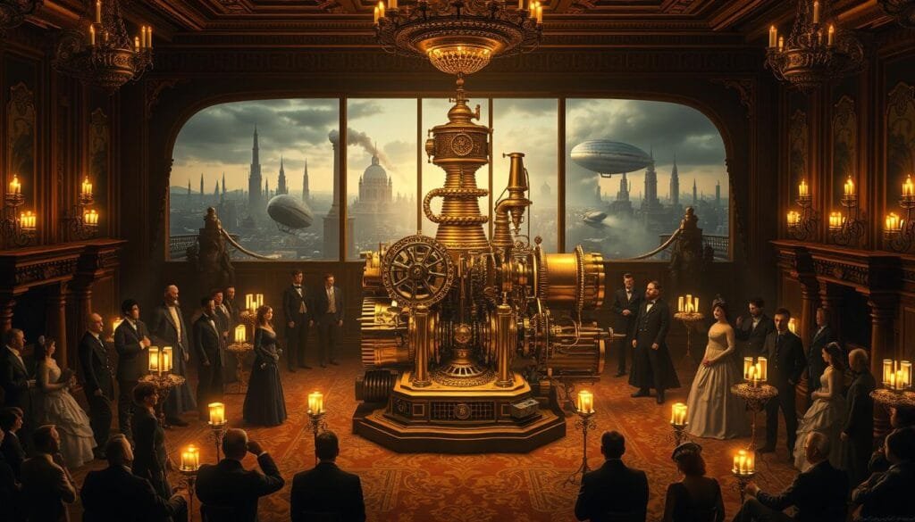 A vast, ornate Victorian-era drawing room, dimly lit by flickering gas lamps and ornate chandeliers. In the center, a grand mechanized contraption, its gleaming brass gears and pistons whirring and churning. Around it, men in frock coats and ladies in billowing gowns observe in awe, their faces illuminated by the device's eerie glow. In the background, a panoramic window reveals a futuristic skyline of towering spires, airships, and billowing smokestacks. The atmosphere is one of wonder, trepidation, and the palpable sense of a new age dawning.