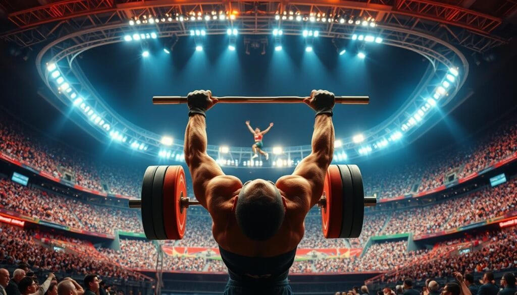 A vast stadium, bathed in vibrant stadium lighting, where athletes push the boundaries of human potential. In the foreground, a powerful weightlifter hoists a barbell overhead, muscles straining with the weight of a new world record. In the middle ground, a track and field competitor soars through the air, shattering the high jump mark. The background reveals a diverse array of sporting disciplines - from daring acrobatic stunts to feats of endurance and speed. The atmosphere crackles with a sense of awe and wonder, as spectators bear witness to these astonishing athletic achievements.