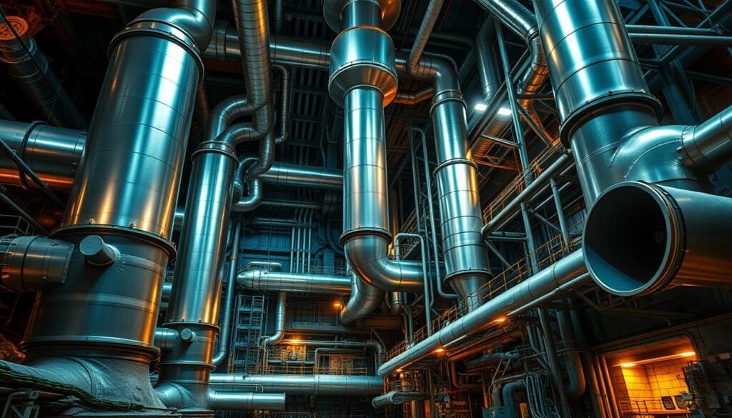A vast subterranean ventilation system, with intricate networks of ducts, vents, and fans meticulously engineered to circulate fresh air through the hidden underground world. Massive air intakes draw in oxygen, while powerful extractors expel stale, spent air, maintaining a constant flow and balance. Sleek, cylindrical shafts cut through the earth, their metallic surfaces gleaming under the warm glow of industrial lighting. Intricate conduits and control panels dot the scene, a testament to the technical prowess required to sustain these subterranean habitats. The scene conveys a sense of functional elegance, where form and function seamlessly merge to support the hidden life beneath the surface.