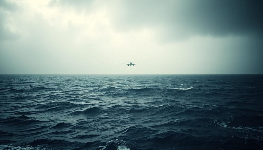 A vast, turbulent ocean stretches out under a moody, overcast sky. In the distance, the ominous silhouette of a vanishing airplane hovers, its wings and fuselage slowly dissolving into the misty horizon. The scene is bathed in a somber, eerie light, casting an uneasy atmosphere. Waves crash against the unseen depths below, hinting at the mysterious forces that may have pulled the aircraft down. The composition emphasizes the scale and power of the ocean, dwarfing the tiny plane and evoking a sense of the unknown and the inexplicable. This image captures the essence of the Bermuda Triangle's most infamous incident - the disappearance of Flight 19 - and the lingering questions that continue to haunt the public imagination.