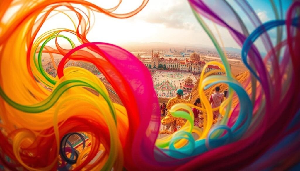 A vibrant and immersive visual exploration of the symbolic language of color. In the foreground, a captivating array of hues swirls and intertwines, each shade imbued with its own distinct meaning and cultural significance. The middle ground features various artistic and cultural motifs, from geometric patterns to organic shapes, all united by a harmonious color palette. In the background, a dreamlike landscape unfolds, where the boundaries between reality and imagination blur, showcasing the profound impact of color on human perception and expression. Soft, diffused lighting casts a warm, inviting glow, evoking a sense of depth and mystique. Captured through a wide-angle lens, the composition emphasizes the interconnectedness of color, art, and the human experience.