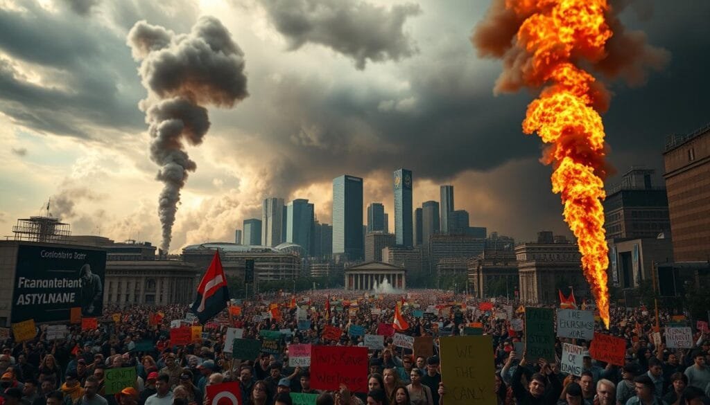 A vibrant cityscape under a dramatic, turbulent sky. In the foreground, a massive crowd of protesters holding colorful signs and banners, their faces etched with resolve. Billowing smoke and towering flames rise from the street, casting an ominous glow over the scene. In the middle ground, skyscrapers and infrastructure loom, their facades battered by the effects of climate change. The background is shrouded in an eerie, hazy atmosphere, suggesting a world in the throes of environmental crisis. The lighting is moody and cinematic, with sharp contrasts and deep shadows. Capture the sense of urgency, global unity, and the dire consequences of inaction in the face of the climate emergency.