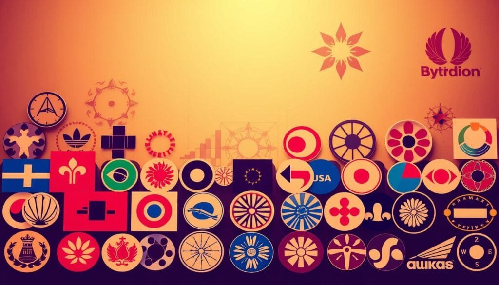 A vibrant collage of iconic international logos, each imbued with subtle cultural symbolism. The foreground features a harmonious arrangement of stylized emblems, their designs elegantly blending elements from diverse global traditions. In the middle ground, dynamic geometric patterns and abstract shapes create a visually captivating backdrop, hinting at the hidden meanings within these ubiquitous brand identities. The overall composition is bathed in warm, diffused lighting, casting a contemplative mood that invites the viewer to discover the cultural narratives woven into these seemingly simplistic logos.