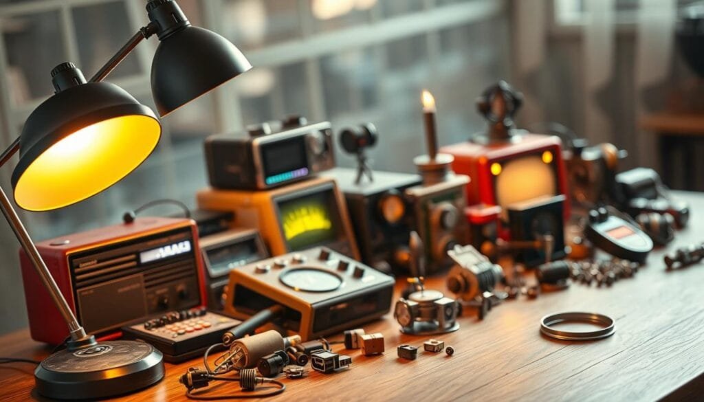 A vibrant collection of eccentric, one-of-a-kind gadgets from the past, meticulously displayed on a well-lit wooden table. In the foreground, a sleek retro-futuristic desk lamp casts a warm glow, illuminating the diverse array of quirky devices - an old-fashioned portable radio, a bulky analogue computer, and a peculiar handheld device with blinking lights. In the middle ground, an antique magnifying glass hovers over a selection of miniature robotic parts and curious electrical components. The background is filled with a soft, blurred bokeh, hinting at the vast history and stories behind these forgotten technological marvels.