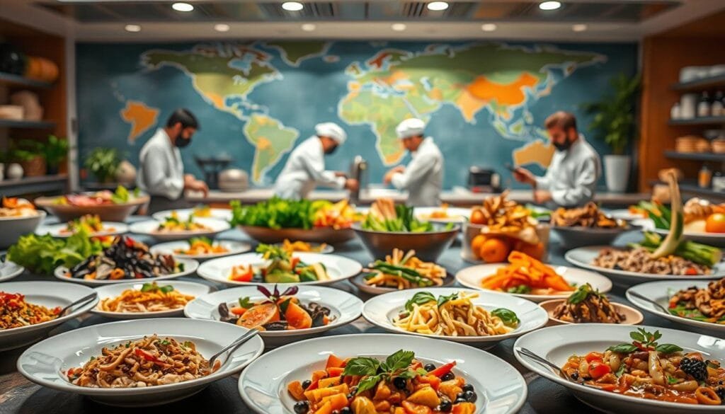 A vibrant culinary landscape, where global flavors intertwine in a symphony of gastronomic exploration. In the foreground, a diverse array of plated dishes showcases the artistry of fusion cuisine – spices and ingredients from distant lands blended harmoniously on porcelain canvases. The middle ground reveals a bustling kitchen, chefs in white coats skillfully orchestrating the creation of these culinary masterpieces, their movements captured in a dynamic, almost cinematic light. In the background, a world map unfurls, highlighting the far-reaching origins of these captivating culinary innovations, a visual representation of the "Recetas y Fusiones: Un Viaje Culinario Global" experience. Crisp, high-resolution photography, with a warm, inviting color palette and a sense of movement and energy, captures the essence of this global culinary adventure.