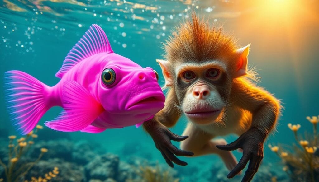 A vibrant, high-resolution photograph of a bizarre, neon pink fish with expressive humanoid hands swimming alongside a peculiar, tailless monkey with an endearing, noseless face, all set against a dreamlike, ethereal underwater backdrop with shimmering bioluminescent plants and a warm, golden-hued sunbeam filtering through the crystal-clear water.