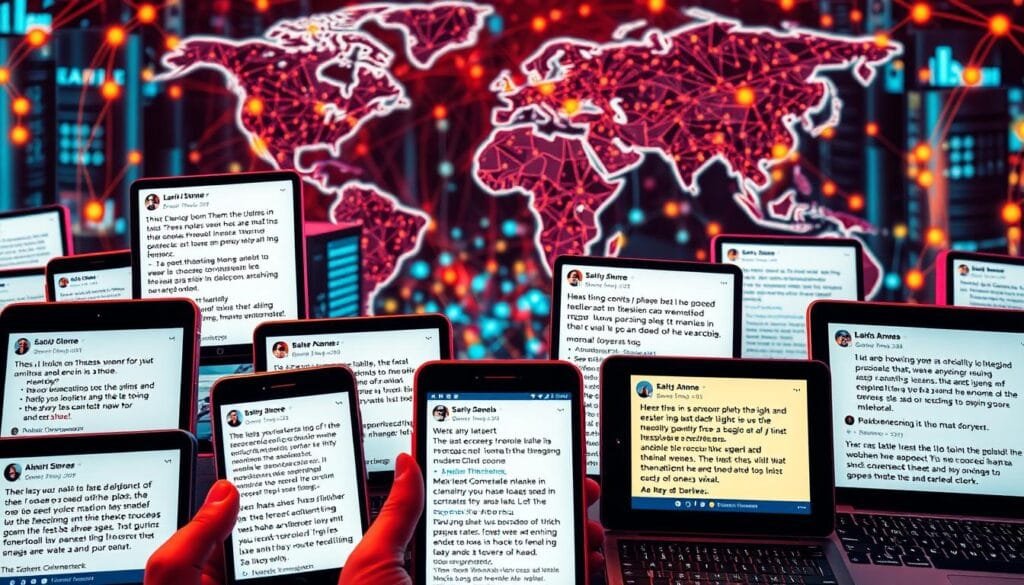 A vibrant, hyper-detailed scene of "viral social media translations". In the foreground, a collage of hilarious mistranslations displayed on various social media platforms - smartphones, tablets, and laptop screens. The translations feature comical grammatical errors, bizarre word choices, and nonsensical phrasing that have gone viral online. In the middle ground, a bustling social media landscape with users sharing, reacting, and commenting on the translations. The background depicts a global network of interconnected servers, routers, and data centers, symbolizing the rapid spread of these translation mishaps across the digital world. Warm, saturated lighting casts a humorous, lighthearted tone over the entire composition. Shot from a dynamic, slightly elevated angle to capture the full scope of this "translation viral" phenomenon.