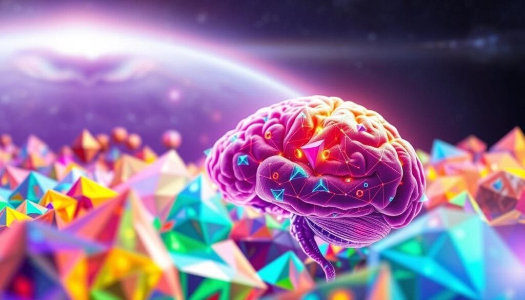 A vibrant journey through the evolution of color vision. In the foreground, a kaleidoscope of prismatic shapes and hues, representing the diverse visual capabilities of various life forms. The middle ground features a striking visual cortex, its neural pathways pulsing with chromatic energy. In the background, a vast cosmic backdrop, hinting at the cosmic origins of color perception. Soft, diffused lighting, lending an ethereal quality, as if glimpsing the very essence of color itself. Captured through the lens of a high-resolution camera, this image conveys the wonder and complexity of the evolution of color vision.