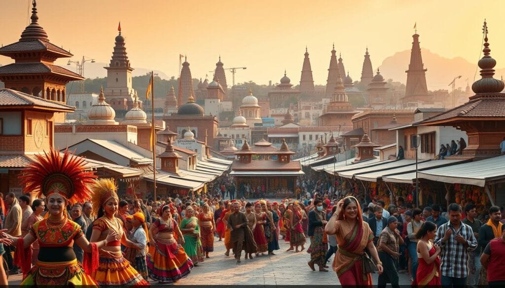 A vibrant panoramic view of diverse cultural traditions from around the globe. In the foreground, a colorful and ornate parade with dancers in traditional costumes, adorned with intricate headdresses and vibrant textiles. In the middle ground, a bustling marketplace filled with artisanal stalls showcasing handcrafted goods, spices, and local delicacies. In the background, a tapestry of architectural styles representing the rich heritage of various regions, from towering ancient temples to modern skyscrapers. The scene is bathed in warm, golden light, creating a sense of harmony and celebration. The overall composition conveys the unity and diversity of human cultural expressions across the globe.