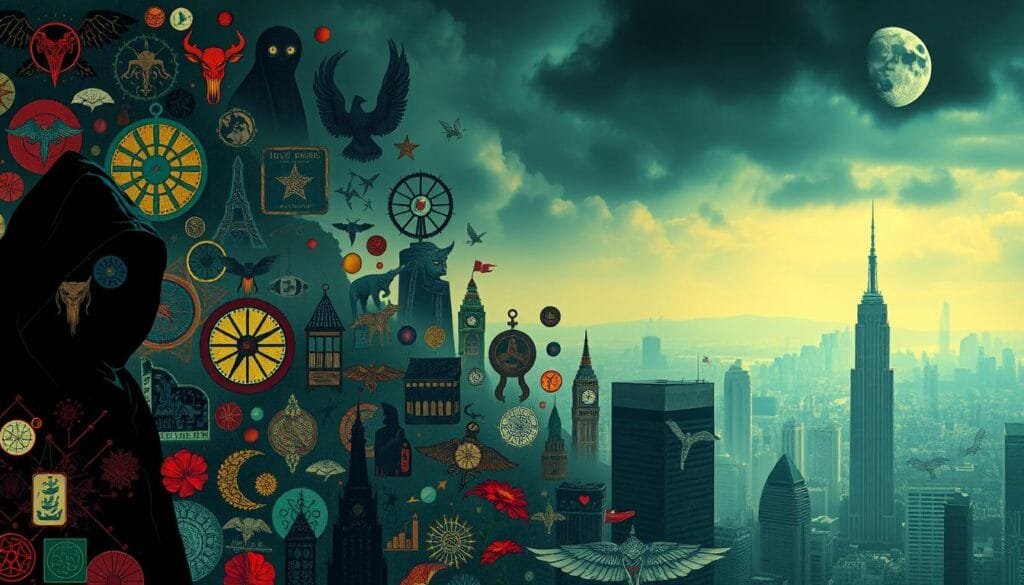 A vibrant tapestry of global urban legends unfolds, set against a dreamlike backdrop. In the foreground, enigmatic figures emerge from the shadows, their mysterious visages reflecting the timeless allure of these persistent myths. The middle ground features iconic symbols and motifs, woven together to create a sense of shared cultural narrative. In the distance, a hazy cityscape serves as a canvas, hinting at the universal reach of these captivating tales. Eerie lighting casts an otherworldly glow, evoking a sense of the supernatural and the unknown. The composition is balanced, drawing the viewer's eye through layers of detail and intrigue, inviting them to explore the rich, interconnected world of global urban legends.