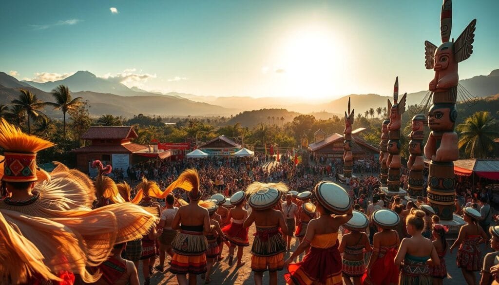 A vibrant tapestry of traditional festivities unfolding across diverse global landscapes. In the foreground, costumed dancers sway to the rhythmic beats of ancient drums, their colorful garments and headdresses swirling in the warm, golden light. The middle ground reveals throngs of revelers gathered around towering totem poles, their intricate carvings and paintings steeped in centuries-old cultural symbolism. Sweeping panoramic vistas in the background showcase majestic mountains, lush tropical forests, and sun-drenched plazas, setting the stage for these immersive, time-honored celebrations. An atmosphere of reverence, community, and timeless tradition permeates the scene, inviting the viewer to experience the rich tapestry of global cultural heritage.