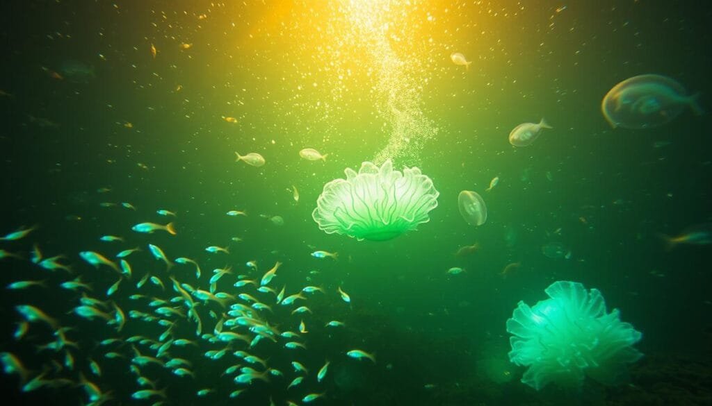 A vibrant underwater scene showcasing the enchanting phenomenon of bioluminescence. In the foreground, a school of glowing plankton dances through the water, their delicate bodies emitting a captivating blue-green glow. Further in the middle ground, a cluster of bioluminescent algae illuminates the surrounding seascape, casting a soft, ethereal light. In the background, a diverse array of marine life, from jellyfish to small fish, gently pulsate with an otherworldly radiance, creating a mesmerizing display of nature's own light show. The scene is bathed in a warm, golden hue, as if the sun's rays are filtering through the water, accentuating the remarkable natural luminescence. This image aims to capture the essential beauty and function of bioluminescence, a vital component of the underwater ecosystem.