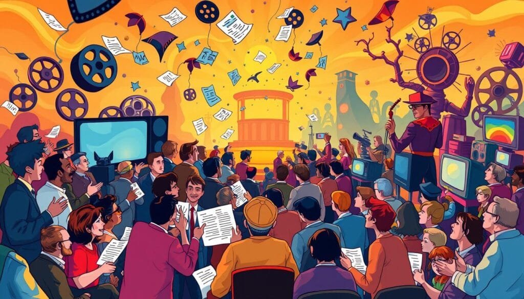 A vibrant, whimsical scene depicting theories of conspiracy in the realm of entertainment. In the foreground, a diverse cast of colorful characters - film directors, musicians, actors, and media personalities - engaged in animated discussions, papers and diagrams floating around them. The middle ground features a swirling backdrop of movie reels, concert stages, and television screens, hinting at the pervasive nature of these ideas. In the far distance, a surreal landscape of twisted, dreamlike structures, symbolizing the fantastical nature of the conspiracies. Warm, saturated lighting casts an almost playful glow over the entire scene, evoking a sense of amusement and lightheartedness. The composition is dynamic, drawing the viewer's eye through the layers of activity and imagination.