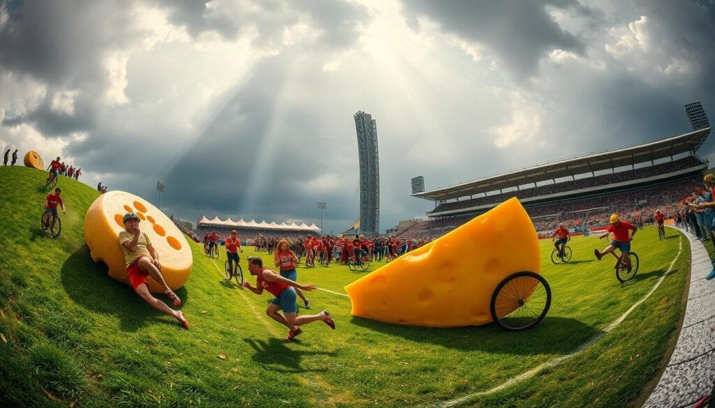 A vibrant, wide-angle image showcasing an array of bizarre and obscure global sports. In the foreground, a group of athletes engaged in an intense game of "cheese rolling", tumbling down a steep, grassy hill after a massive wheel of cheese. In the middle ground, a colorful parade of performers celebrating the ancient sport of "toe wrestling", locking feet in fierce competition. In the background, a towering stadium hosting a thrilling match of "unicycle polo", riders masterfully maneuvering their unicycles while attempting to score goals. Lighting is dramatic, with beams of sunlight piercing through an overcast sky, casting long shadows and highlighting the dynamic movement. The overall atmosphere is one of whimsy, wonder, and a sense of the unique and extraordinary.