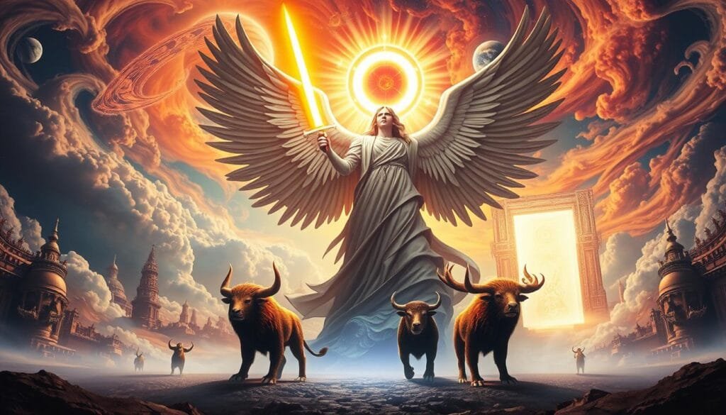 A visually striking scene depicting the apocalyptic visions of the prophet Ezekiel, as described in the biblical Book of Revelation. In the foreground, a towering angelic figure with six wings and a glowing halo, wielding a flaming sword. Behind it, a surreal landscape with vivid swirling clouds, celestial bodies, and otherworldly architectural elements. The middle ground features four mysterious hybrid creatures with the faces of a man, lion, ox, and eagle, representative of Ezekiel's symbolic "living creatures." The background is dominated by an ominous, glowing portal or gateway, hinting at the imminent, cataclysmic events to come. The overall atmosphere is one of awe, power, and a sense of the divine and the supernatural.