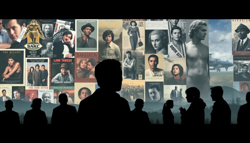 A visually striking scene depicting various examples of the Mandela Effect in popular culture. In the foreground, a collage of iconic movie posters, album covers, and historical photographs where the details have been subtly altered, creating an uncanny and thought-provoking perspective. The middle ground features shadowy silhouettes of people lost in contemplation, their expressions conveying a sense of confusion and uncertainty. The background is a dreamlike landscape, blurring the lines between reality and memory, hinting at the fragility of our collective recollections. The lighting is soft and moody, evoking a sense of nostalgia and mystery, inviting the viewer to ponder the nature of truth and perception.