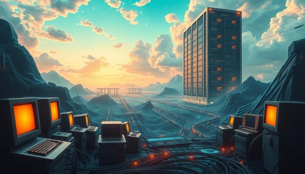 A visually stunning illustration of the history and evolution of the internet, featuring a dynamic and immersive composition. In the foreground, a series of vintage computer terminals and networking devices depict the early stages of internet infrastructure, bathed in warm, soft lighting. The middle ground showcases a digital landscape with flowing data streams and interconnected nodes, representing the rapid growth and expansion of the global network. In the background, a towering, futuristic data center looms, its sleek, metallic exterior and glowing panels symbolizing the modern, cloud-based internet. The overall atmosphere conveys a sense of technological progress, innovation, and the profound impact of the internet on our society.
