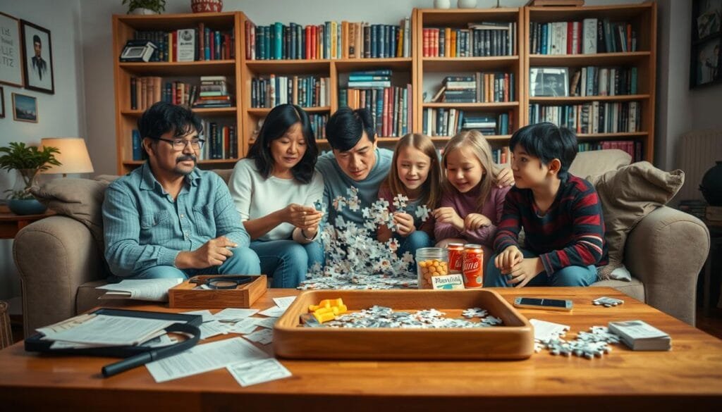 A warm, cozy family scene with parents and children engaged in various puzzle-solving activities. In the foreground, a coffee table is strewn with newspaper clippings, magnifying glasses, and a tray of snacks. The middle ground features a group of family members huddled around a large jigsaw puzzle, brows furrowed in concentration. In the background, a bookshelf filled with mystery novels and brain teasers sets the intellectual tone. Soft, indirect lighting creates a contemplative atmosphere, as if the family is deeply immersed in cracking the code of these tantalizing puzzles. The overall composition conveys a sense of family bonding and the joyful pursuit of mental challenges.