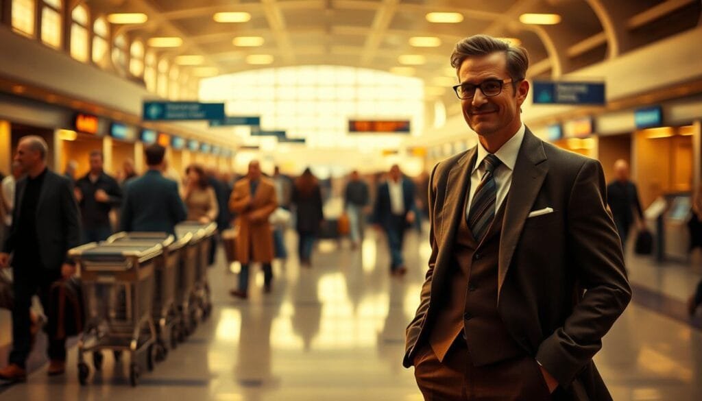 A well-dressed man with a sly grin stands in the center of a bustling airport terminal, his hands in his pockets as he surveys the crowd. The scene is bathed in warm, golden light, evoking a sense of nostalgia and old-world charm. In the background, a blur of airport activity - luggage carts, hurried commuters, and security checkpoints - creates a sense of movement and energy. The man's confident pose and sharp attire suggest a certain cunning and mischief, hinting at the cat-and-mouse game he's about to play. The overall atmosphere is one of intrigue, excitement, and the thrill of the chase.