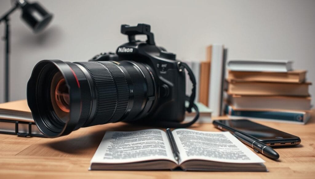 A well-lit, technically-detailed image depicting an assortment of professional translation tools. In the foreground, a high-quality DSLR camera with a macro lens captures a close-up view of various translation aids, including dictionaries, reference books, and digital devices such as a tablet and smartphone. In the middle ground, a wooden desk or table provides a natural, warm backdrop, while the background features a minimalist, artfully-lit studio setting, conveying a sense of focus and precision. The overall mood is one of thoughtful, meticulous attention to detail, with soft, directional lighting highlighting the tools of the translation trade.